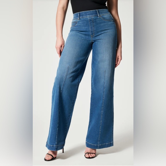 SPANX Seamed Wide Leg Indigo Pull On Jean Trousers Large - Picture 1 of 14